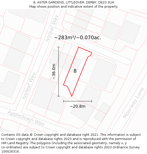 8, ASTER GARDENS, LITTLEOVER, DERBY, DE23 3UA: Plot and title map