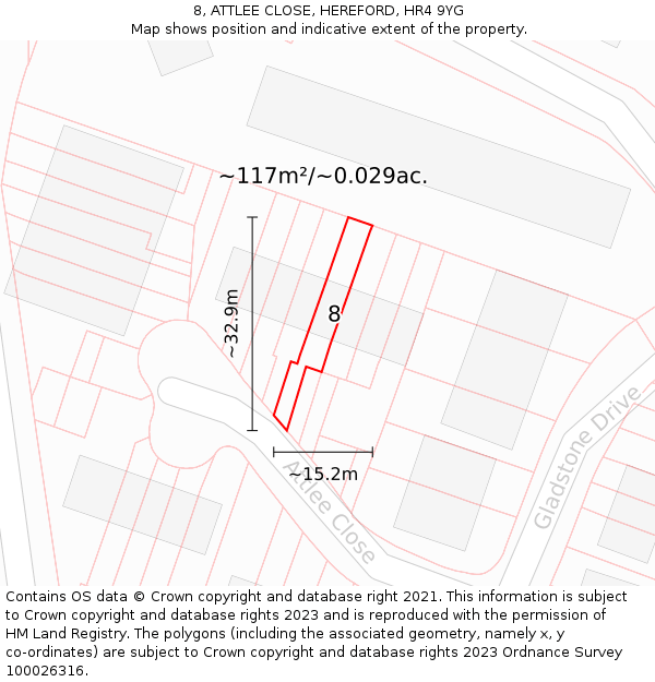 8, ATTLEE CLOSE, HEREFORD, HR4 9YG: Plot and title map