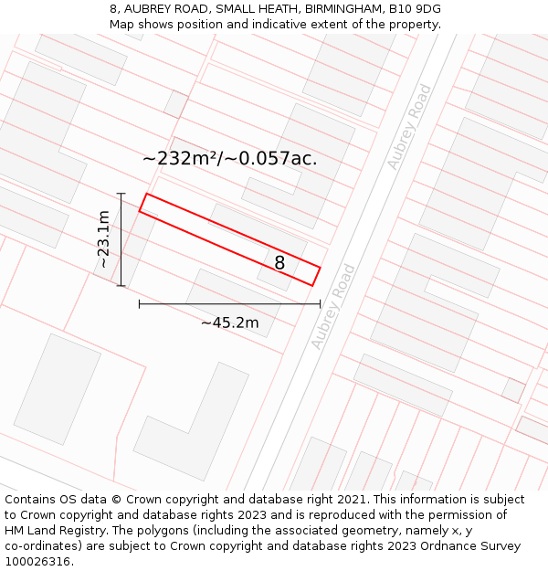 8, AUBREY ROAD, SMALL HEATH, BIRMINGHAM, B10 9DG: Plot and title map