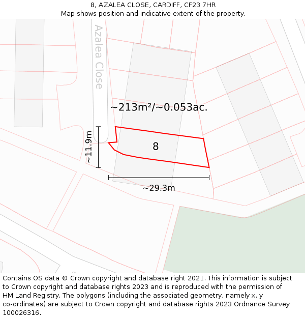 8, AZALEA CLOSE, CARDIFF, CF23 7HR: Plot and title map