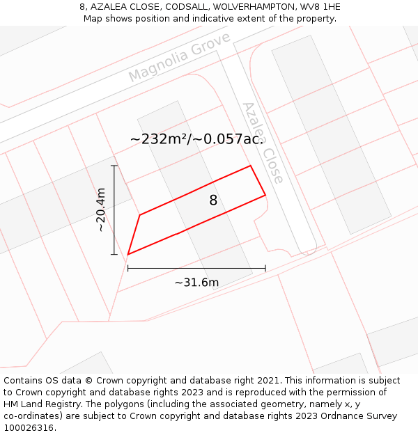 8, AZALEA CLOSE, CODSALL, WOLVERHAMPTON, WV8 1HE: Plot and title map