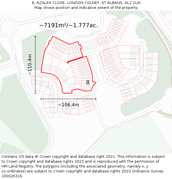 8, AZALEA CLOSE, LONDON COLNEY, ST ALBANS, AL2 1UA: Plot and title map