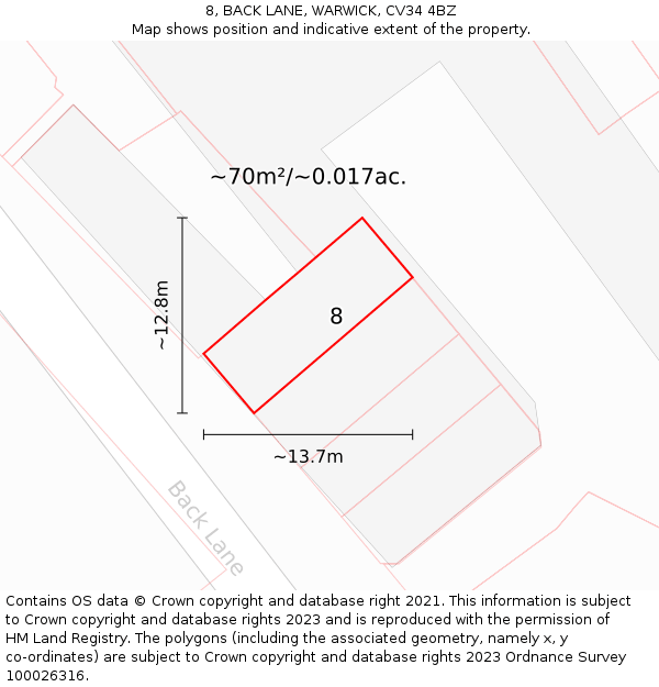 8, BACK LANE, WARWICK, CV34 4BZ: Plot and title map