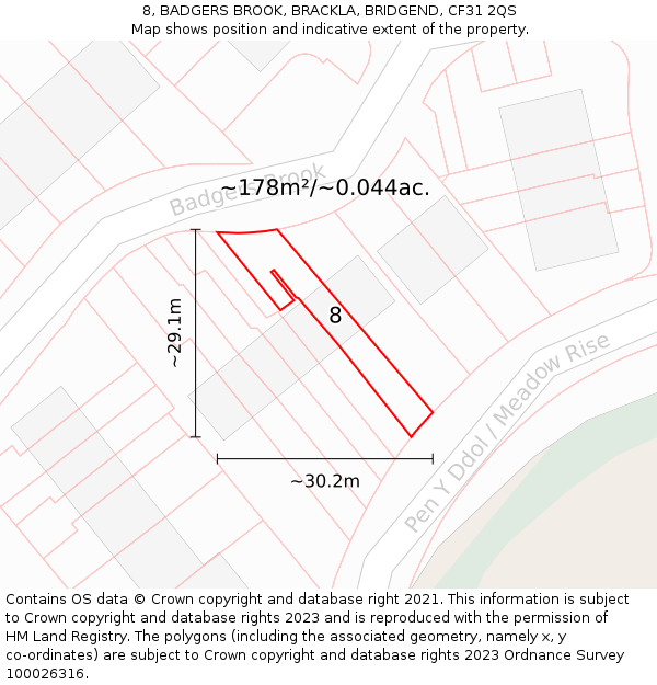 8, BADGERS BROOK, BRACKLA, BRIDGEND, CF31 2QS: Plot and title map