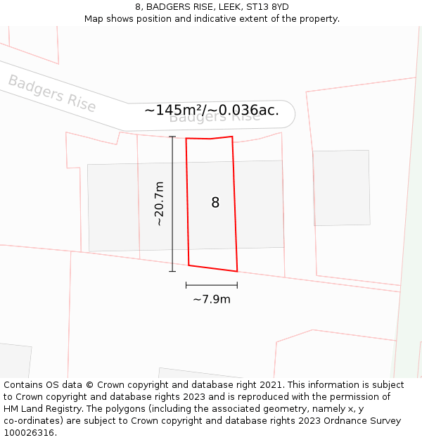 8, BADGERS RISE, LEEK, ST13 8YD: Plot and title map