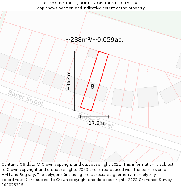 8, BAKER STREET, BURTON-ON-TRENT, DE15 9LX: Plot and title map