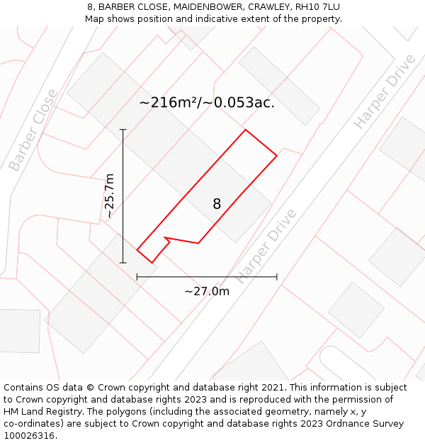 8, BARBER CLOSE, MAIDENBOWER, CRAWLEY, RH10 7LU: Plot and title map