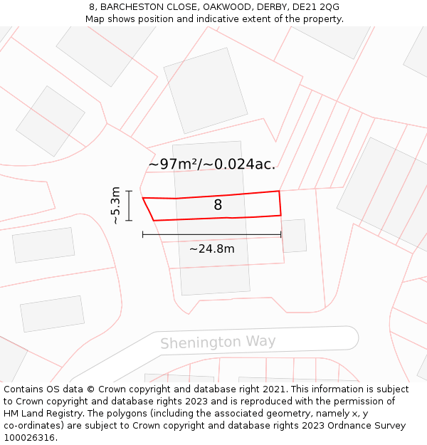 8, BARCHESTON CLOSE, OAKWOOD, DERBY, DE21 2QG: Plot and title map