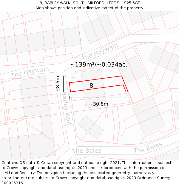 8, BARLEY WALK, SOUTH MILFORD, LEEDS, LS25 5GF: Plot and title map
