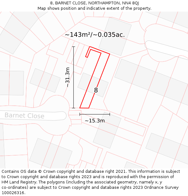 8, BARNET CLOSE, NORTHAMPTON, NN4 8QJ: Plot and title map