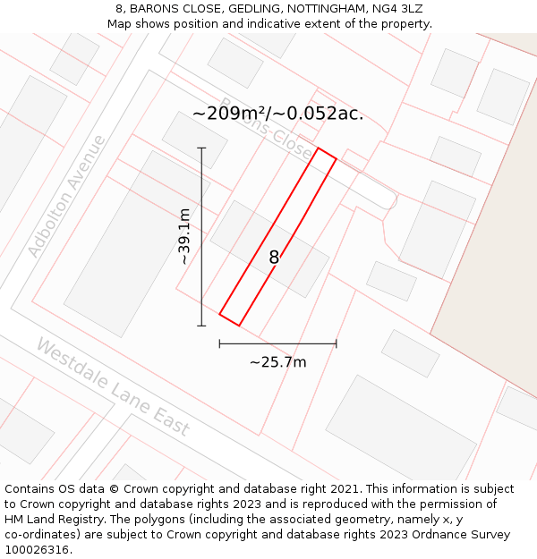 8, BARONS CLOSE, GEDLING, NOTTINGHAM, NG4 3LZ: Plot and title map