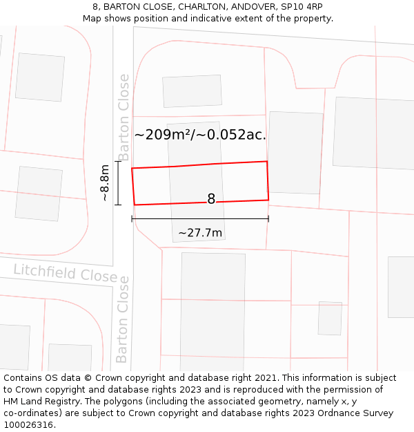 8, BARTON CLOSE, CHARLTON, ANDOVER, SP10 4RP: Plot and title map