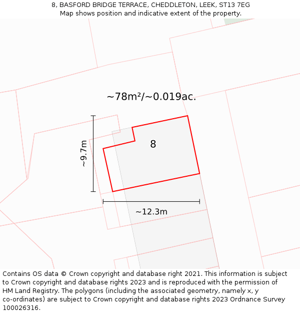 8, BASFORD BRIDGE TERRACE, CHEDDLETON, LEEK, ST13 7EG: Plot and title map