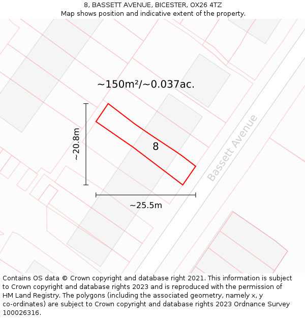 8, BASSETT AVENUE, BICESTER, OX26 4TZ: Plot and title map