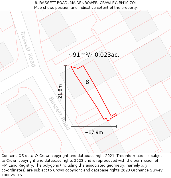 8, BASSETT ROAD, MAIDENBOWER, CRAWLEY, RH10 7QL: Plot and title map