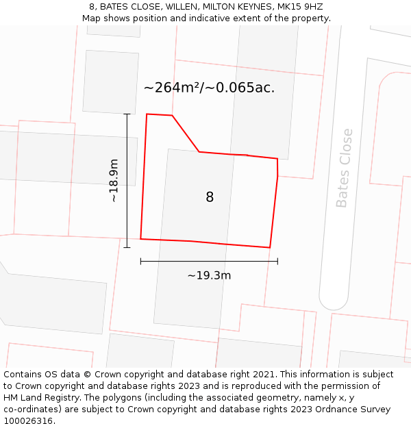 8, BATES CLOSE, WILLEN, MILTON KEYNES, MK15 9HZ: Plot and title map