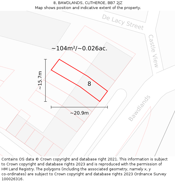 8, BAWDLANDS, CLITHEROE, BB7 2JZ: Plot and title map