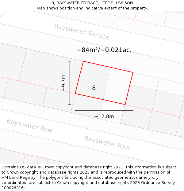 8, BAYSWATER TERRACE, LEEDS, LS8 5QN: Plot and title map