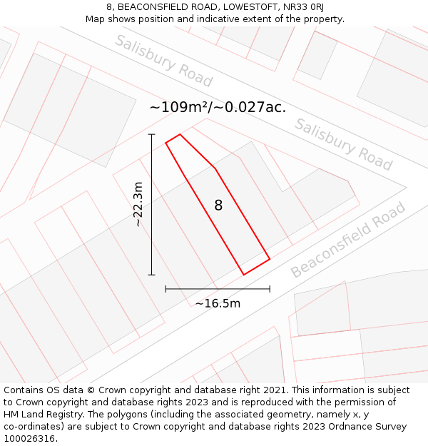8, BEACONSFIELD ROAD, LOWESTOFT, NR33 0RJ: Plot and title map