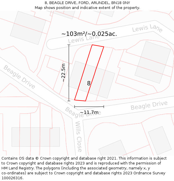 8, BEAGLE DRIVE, FORD, ARUNDEL, BN18 0NY: Plot and title map