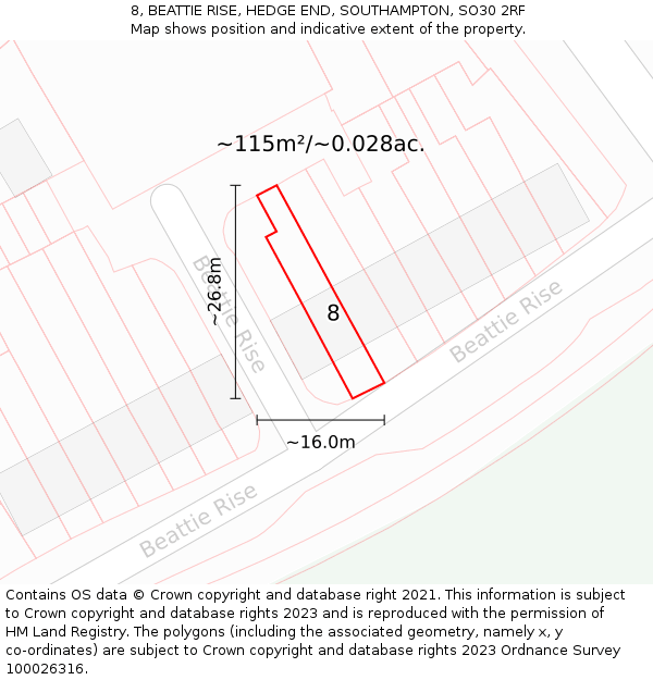 8, BEATTIE RISE, HEDGE END, SOUTHAMPTON, SO30 2RF: Plot and title map