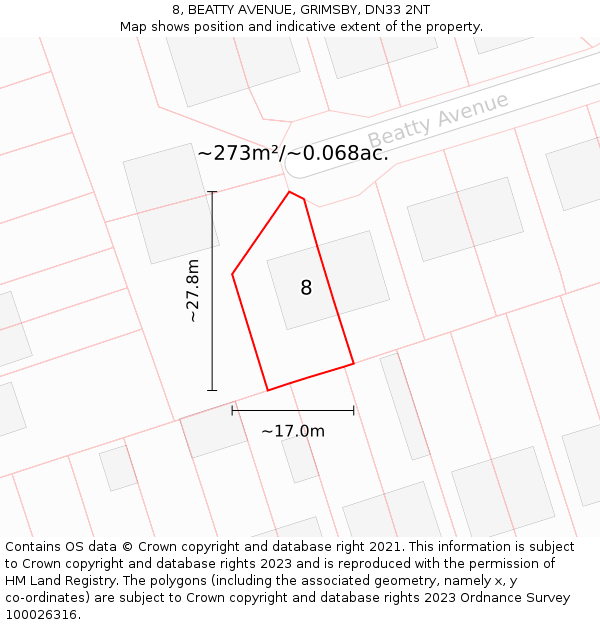 8, BEATTY AVENUE, GRIMSBY, DN33 2NT: Plot and title map