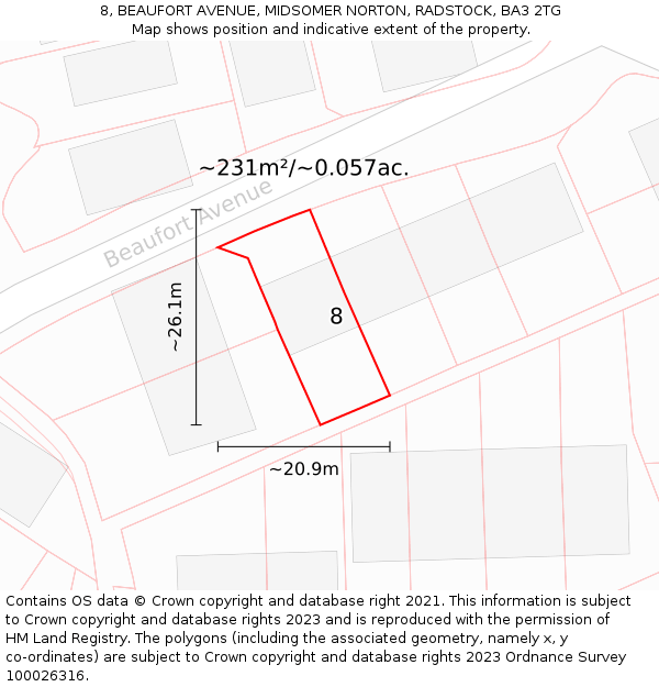 8, BEAUFORT AVENUE, MIDSOMER NORTON, RADSTOCK, BA3 2TG: Plot and title map
