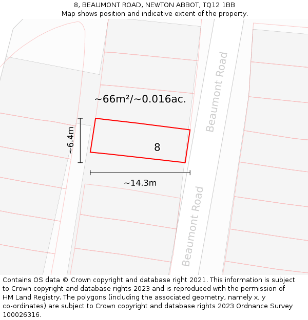 8, BEAUMONT ROAD, NEWTON ABBOT, TQ12 1BB: Plot and title map