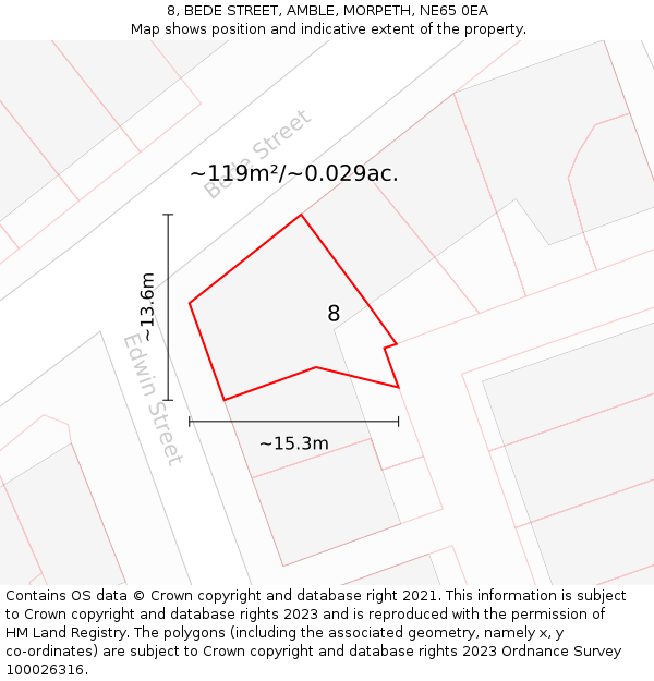 8, BEDE STREET, AMBLE, MORPETH, NE65 0EA: Plot and title map