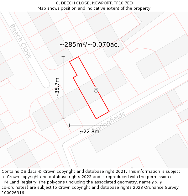 8, BEECH CLOSE, NEWPORT, TF10 7ED: Plot and title map