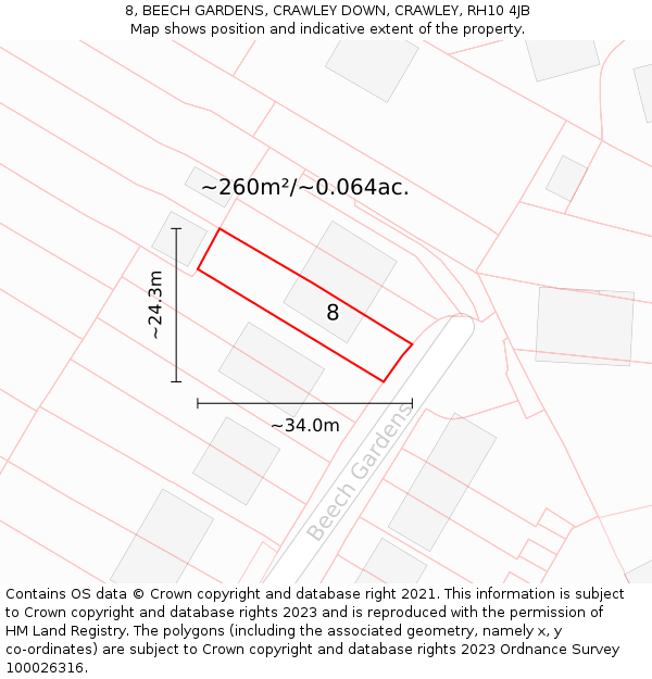 8, BEECH GARDENS, CRAWLEY DOWN, CRAWLEY, RH10 4JB: Plot and title map