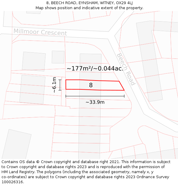 8, BEECH ROAD, EYNSHAM, WITNEY, OX29 4LJ: Plot and title map