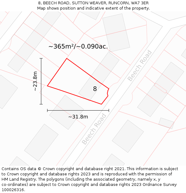 8, BEECH ROAD, SUTTON WEAVER, RUNCORN, WA7 3ER: Plot and title map