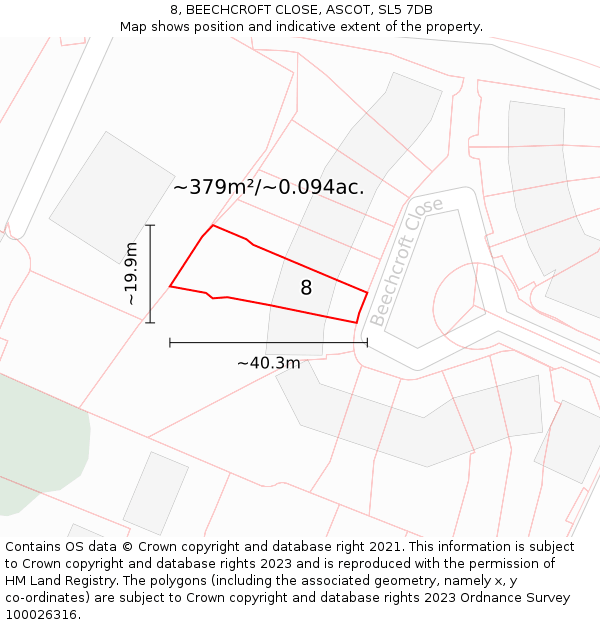 8, BEECHCROFT CLOSE, ASCOT, SL5 7DB: Plot and title map