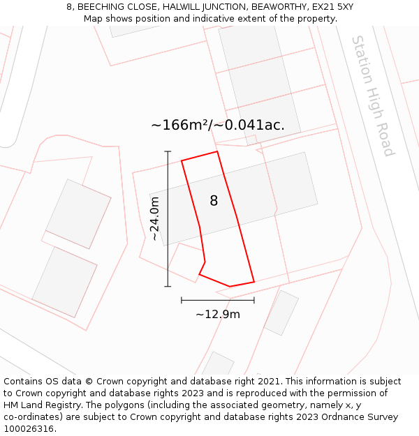 8, BEECHING CLOSE, HALWILL JUNCTION, BEAWORTHY, EX21 5XY: Plot and title map