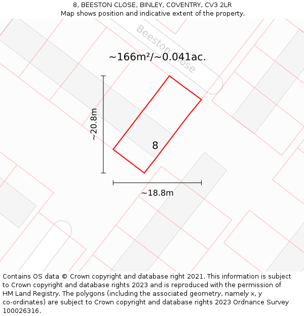 8, BEESTON CLOSE, BINLEY, COVENTRY, CV3 2LR: Plot and title map