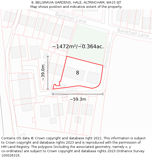8, BELGRAVIA GARDENS, HALE, ALTRINCHAM, WA15 0JT: Plot and title map