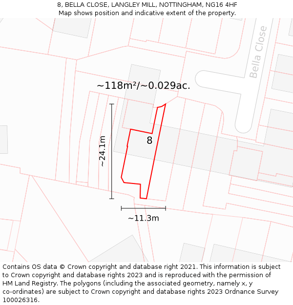 8, BELLA CLOSE, LANGLEY MILL, NOTTINGHAM, NG16 4HF: Plot and title map