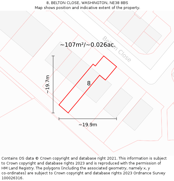 8, BELTON CLOSE, WASHINGTON, NE38 8BS: Plot and title map