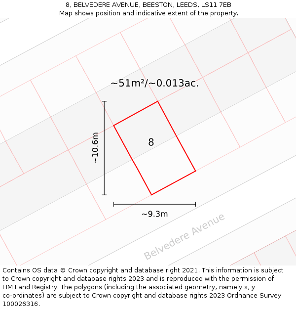 8, BELVEDERE AVENUE, BEESTON, LEEDS, LS11 7EB: Plot and title map