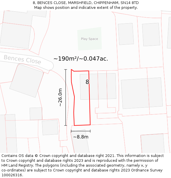 8, BENCES CLOSE, MARSHFIELD, CHIPPENHAM, SN14 8TD: Plot and title map