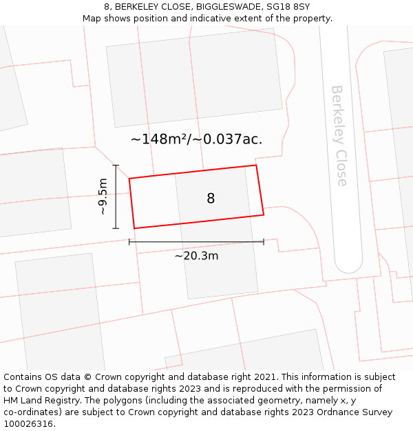 8, BERKELEY CLOSE, BIGGLESWADE, SG18 8SY: Plot and title map
