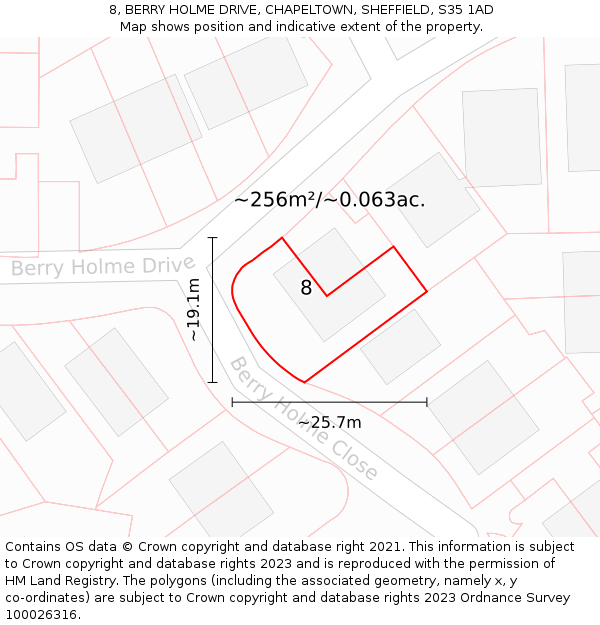 8, BERRY HOLME DRIVE, CHAPELTOWN, SHEFFIELD, S35 1AD: Plot and title map