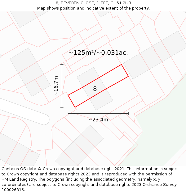 8, BEVEREN CLOSE, FLEET, GU51 2UB: Plot and title map