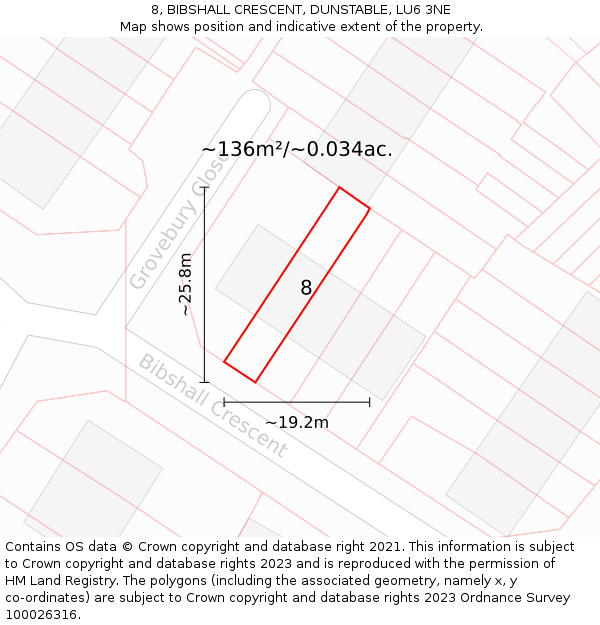 8, BIBSHALL CRESCENT, DUNSTABLE, LU6 3NE: Plot and title map