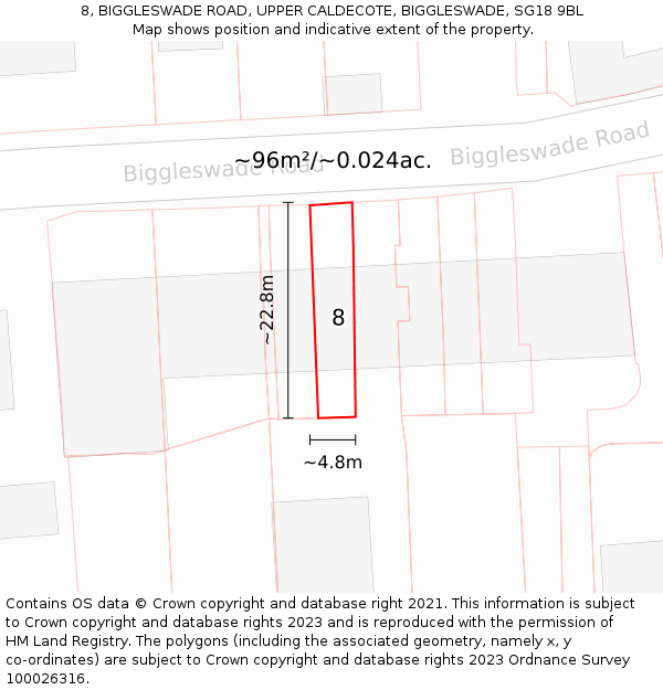 8, BIGGLESWADE ROAD, UPPER CALDECOTE, BIGGLESWADE, SG18 9BL: Plot and title map