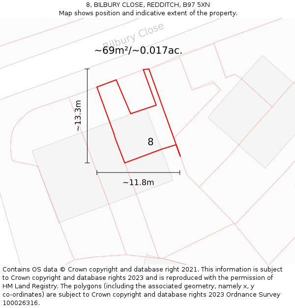 8, BILBURY CLOSE, REDDITCH, B97 5XN: Plot and title map
