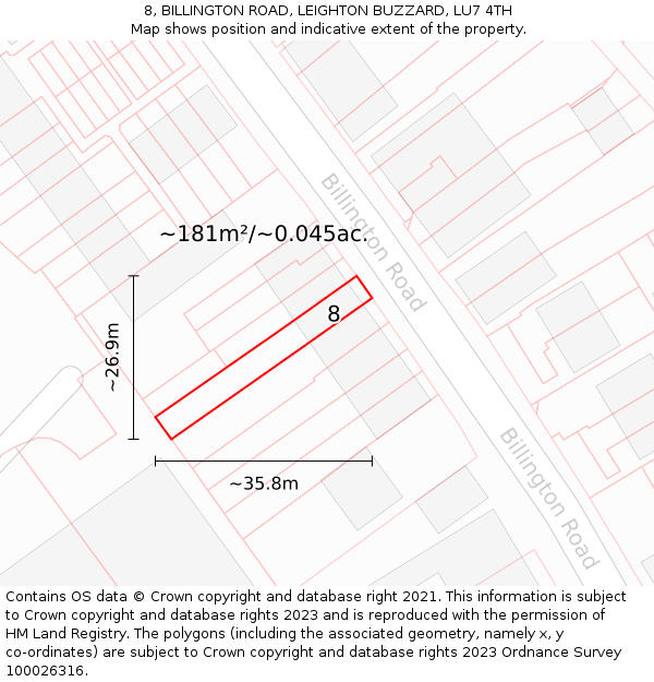 8, BILLINGTON ROAD, LEIGHTON BUZZARD, LU7 4TH: Plot and title map
