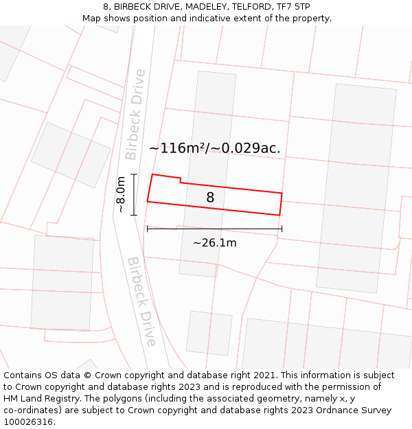 8, BIRBECK DRIVE, MADELEY, TELFORD, TF7 5TP: Plot and title map