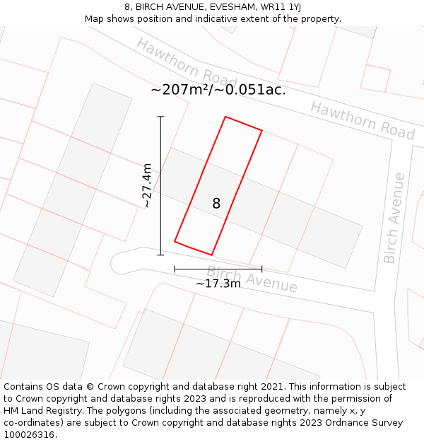 8, BIRCH AVENUE, EVESHAM, WR11 1YJ: Plot and title map